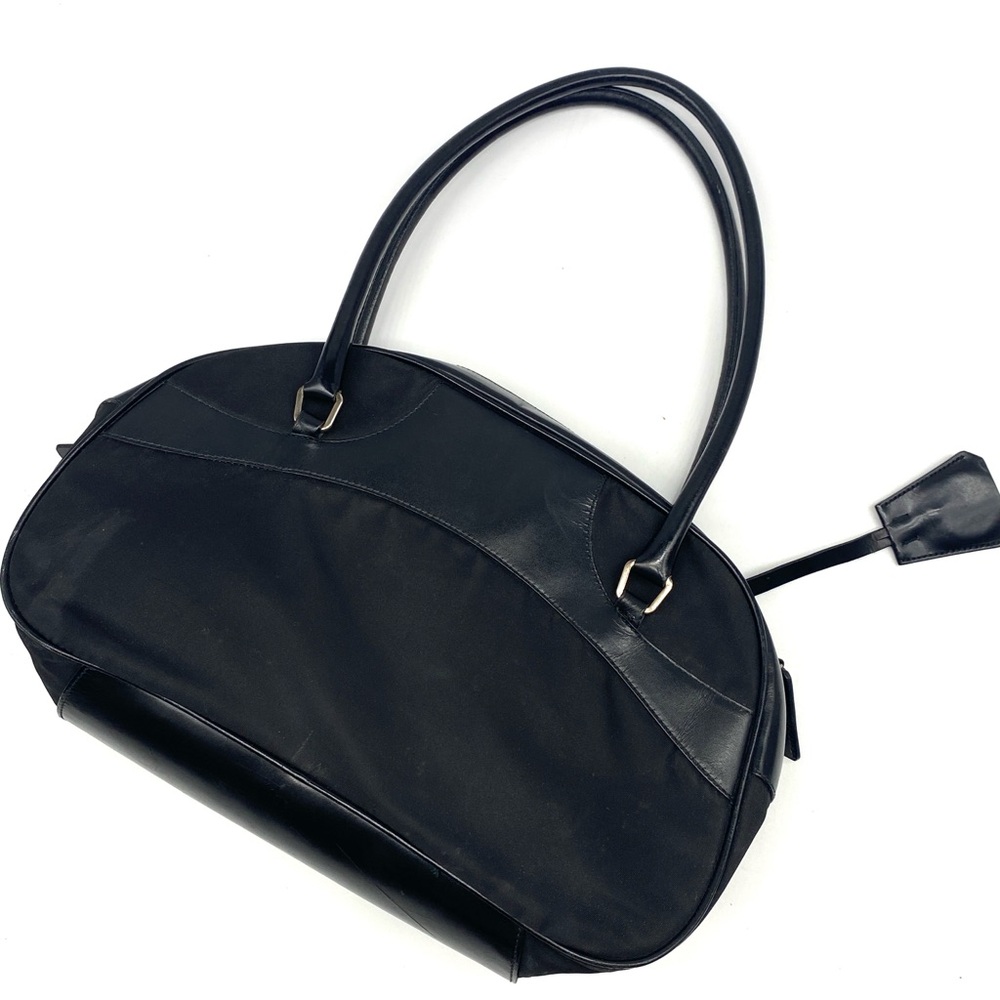 Prada Vitello Trimmed Tessuto Bowling Bag Black Leather Shoulder Medium Handbag